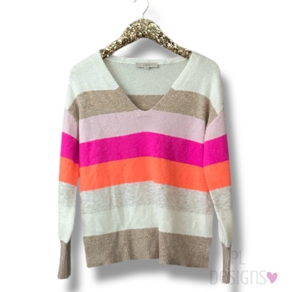 LOFT Sweater Stripes Pink Orange Beige V-Neck - Picture 1 of 5